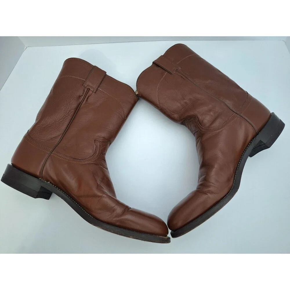 Vintage Justin Boots Men's 10.5 A Brown Leather Roper Western Cowboy Made In USA
